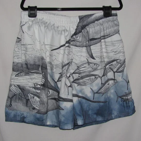 Mens Guy Harvey Blue White Fish Swordfish Lined Board Shorts Size Extra Large XL - Picture 1 of 7